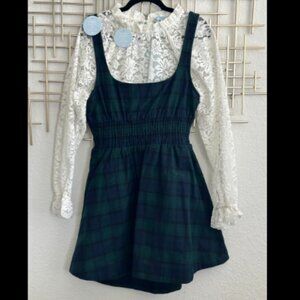 Hill House Blue and Green Plaid Dress and White Lace Blouse